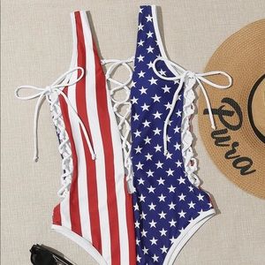 American Flag Lace Up Side One Piece Swimsuit